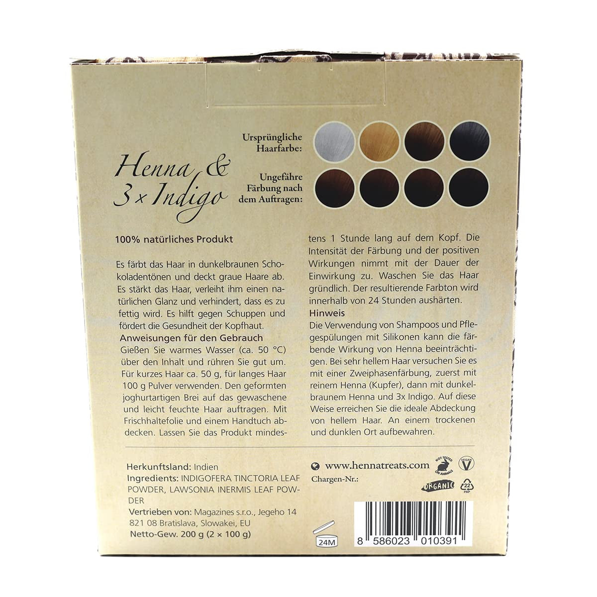 Henna & 3×Indigo - Ciemny kasztan - Naturalny kolor włosów - Puder - 200g Farba do włosów Naty Shop