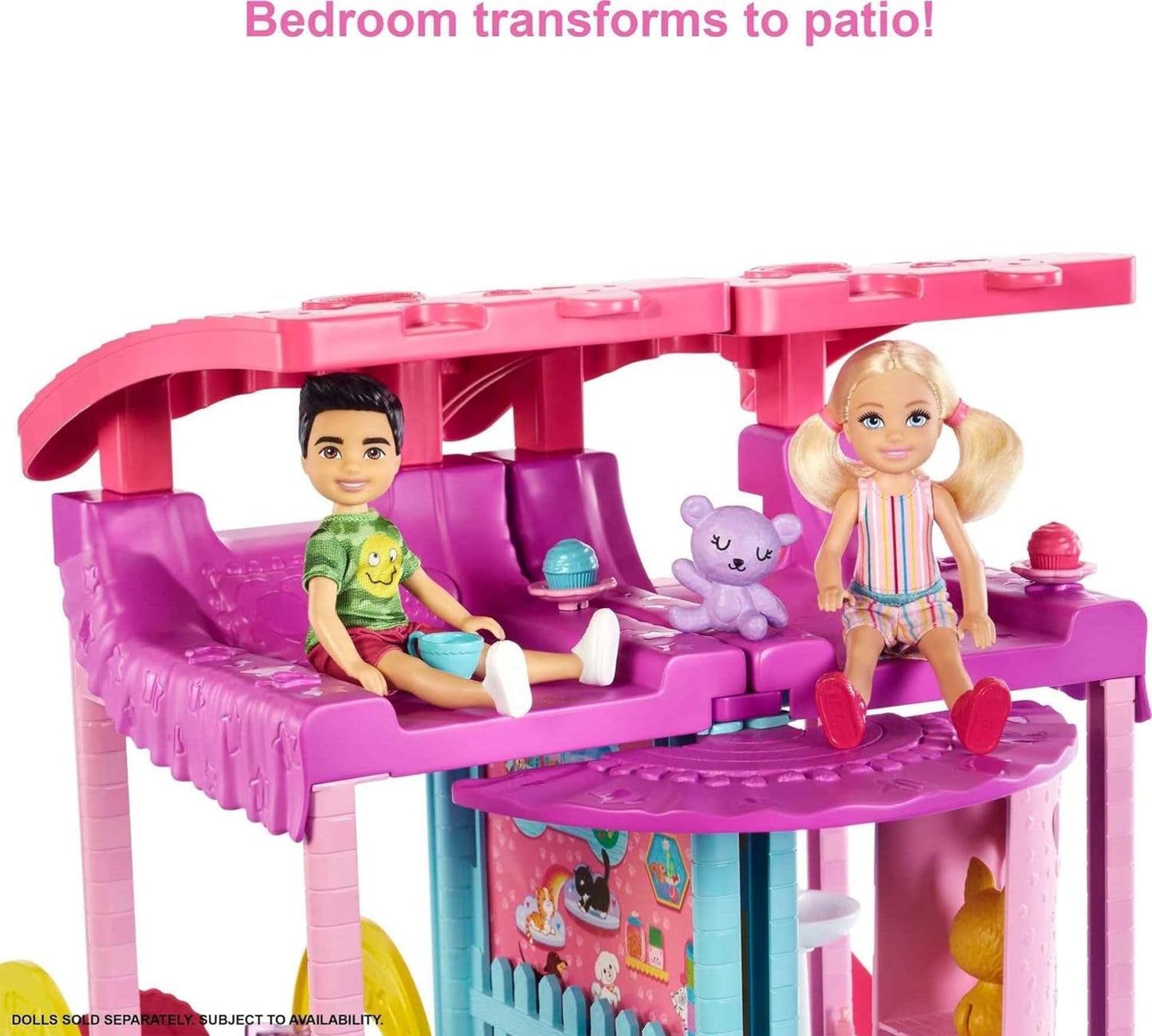 Barbie Chelsea Playhouse — 3 zmieniające się piętra, tajne strefy zabaw, winda, basen, zjeżdżalnia, 2 zwierzęta i ponad 20 akcesoriów, dla dzieci w wieku od 3 lat, domki dla lalek HHX44 Naty Shop