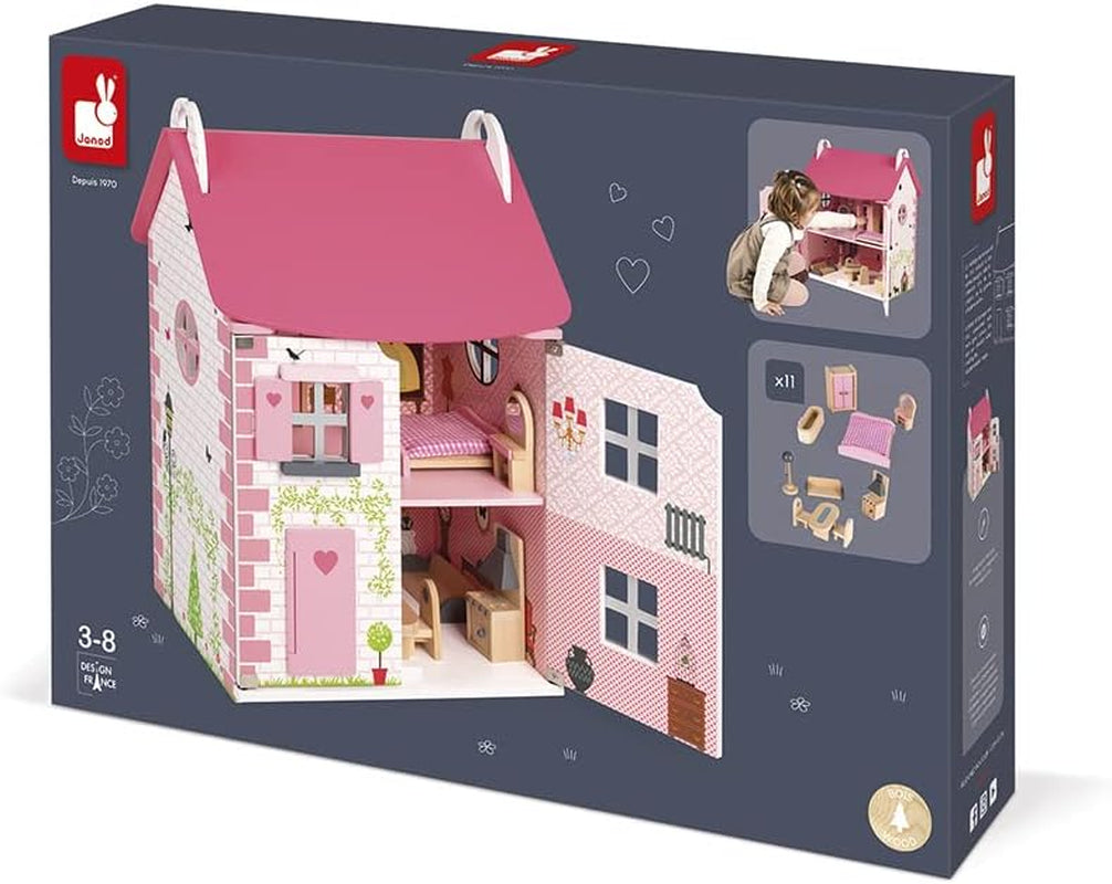 Janod - Drewniany domek dla lalek Mademoiselle, 3 piętra i 11 akcesoriów, replika zabawki, rozwija wyobraźnię, wiek powyżej 3 lat, J06581, różowe domki dla lalek Naty Shop