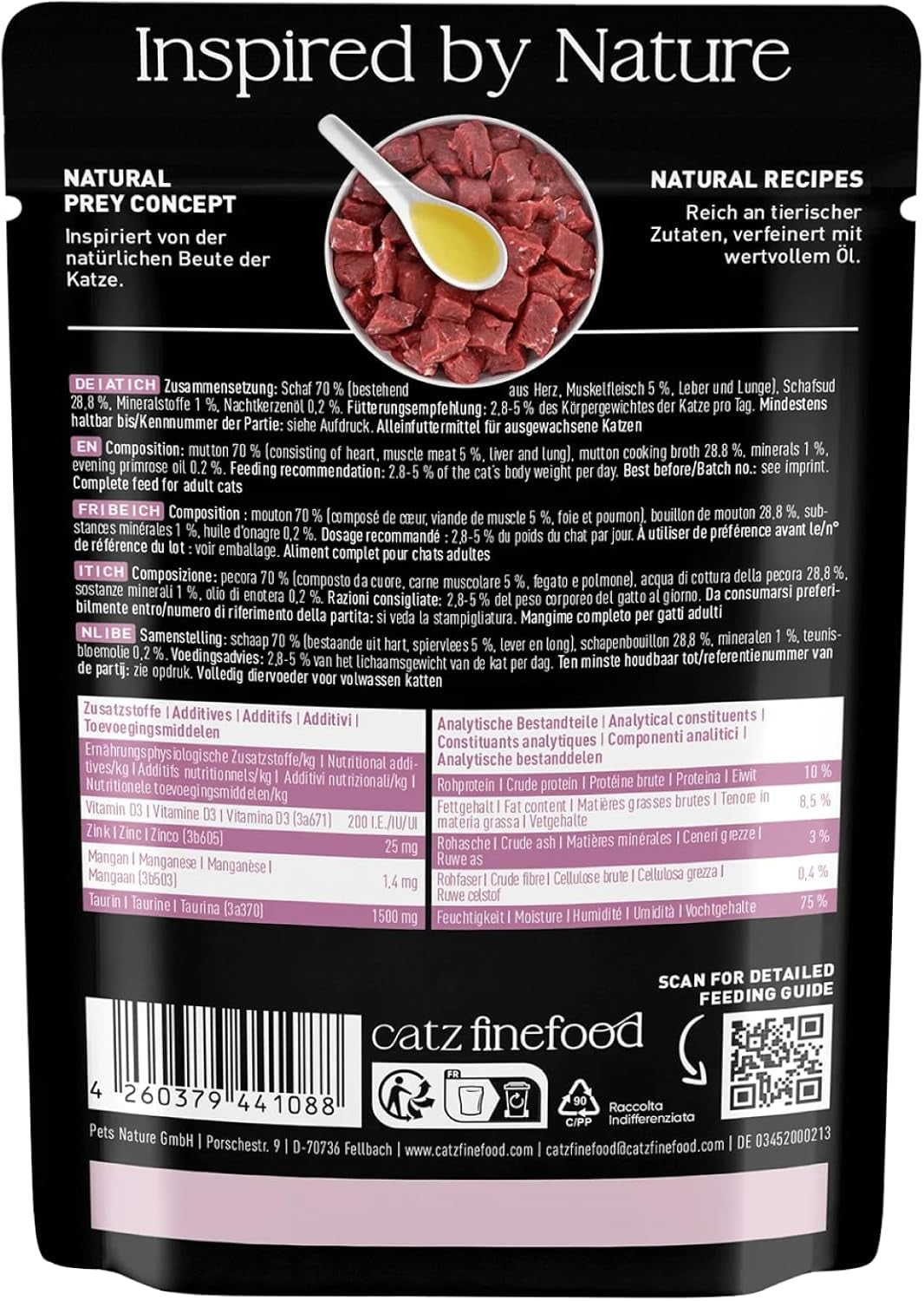 Mokra karma dla kotów Catz Finefood Purrrr Sheep Monoprotein no. 113, dla kotów z wrażliwym układem trawiennym, zawartość mięsa 70%, 16 saszetek po 85 g