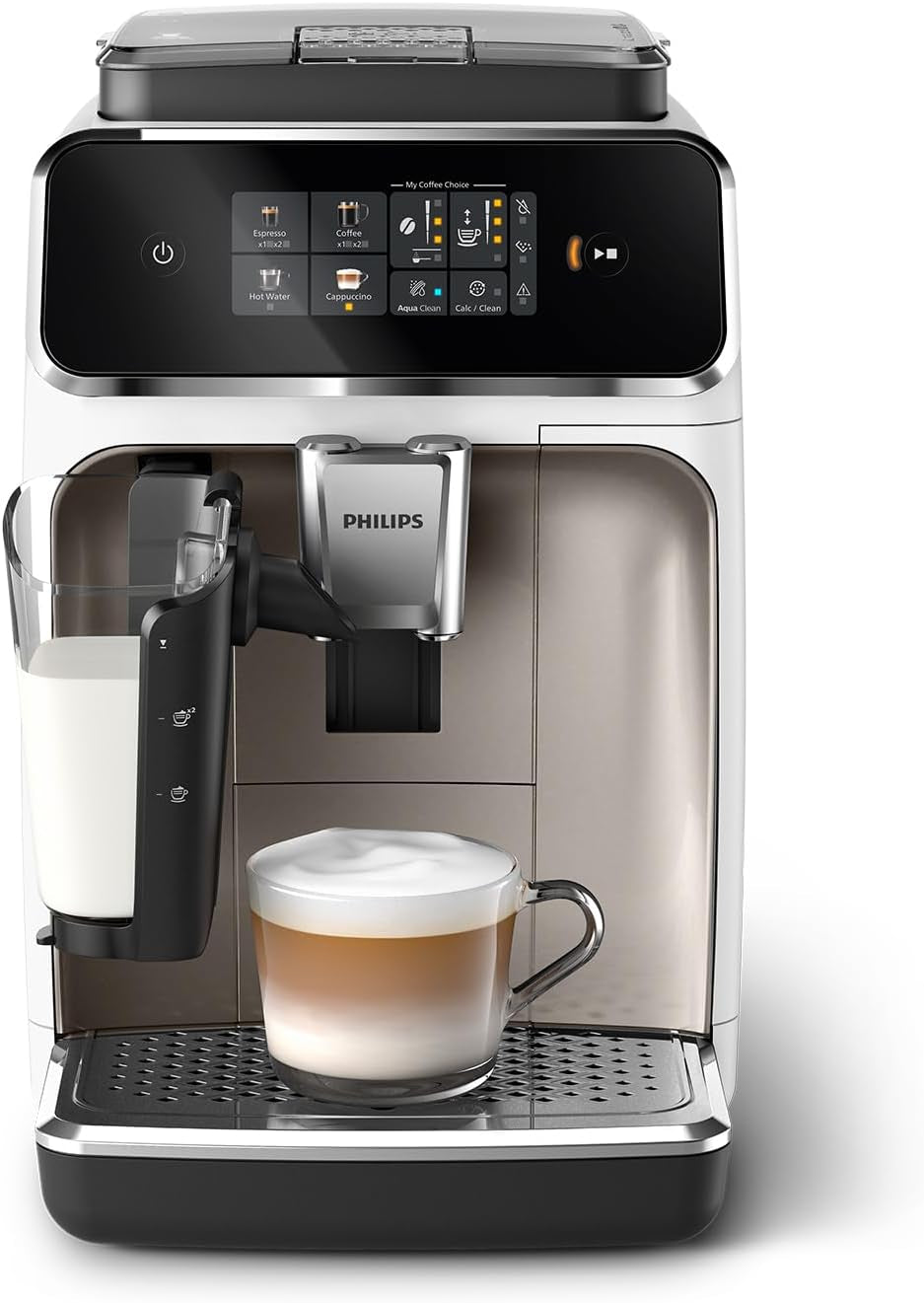 Ekspres automatyczny PHILIPS seria 2300 - 4 napoje, nowoczesny kolorowy ekran dotykowy, system przygotowania mleka LatteGo, SilentBrew, młynek 100% ceramiczny, filtr AquaClean. Czarny matowy (EP2330/10)