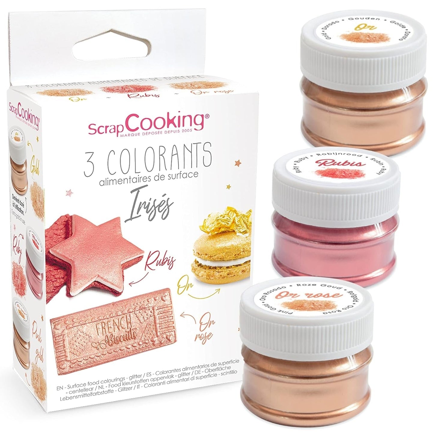 Scrapcooking - Zestaw 3 metalicznych barwników spożywczych - Barwniki spożywcze: złoto, różowe złoto i rubin - Jadalny barwnik spożywczy do pieczenia, ciast, ciasteczek, ciast, czekolady - 4019