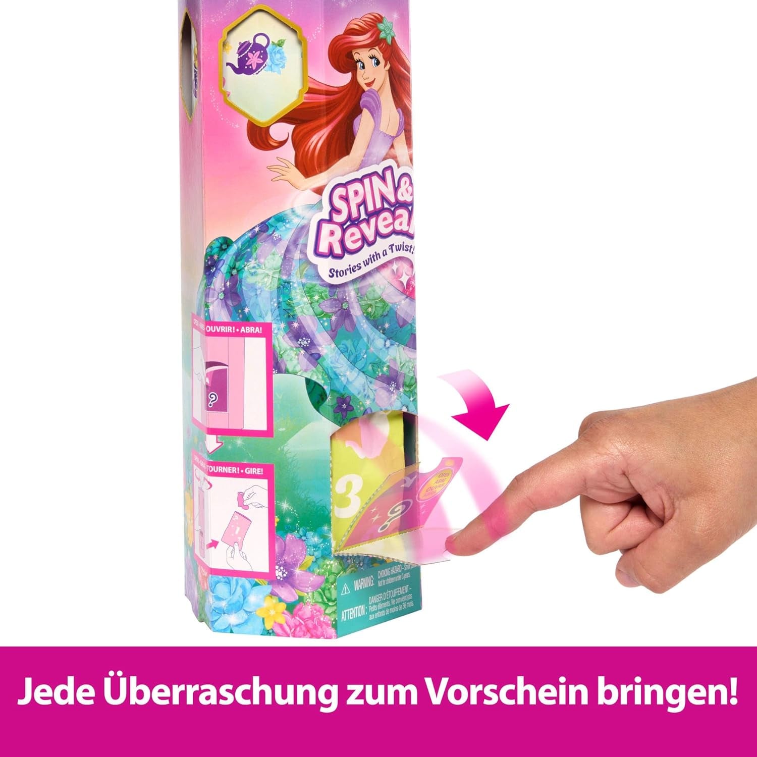 Zestaw lalek Mattel Disney Princess Ariel Spin & Reveal z 11 niespodziankami, w tym 5 akcesoriów, 5 naklejek i sceną do zabawy inspirowaną filmem HTV88