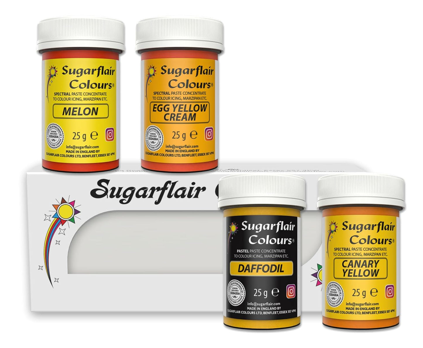 Sugarflair Makaron Barwnik spożywczy żółty zestaw 4 szt. Makaron Barwnik spożywczy Kremówka Marcepan Pasta cukrowa Krem maślany i nie tylko: Żonkil Kanaryjski Żółty Krem Jajko Melon Zestaw 4 szt.
