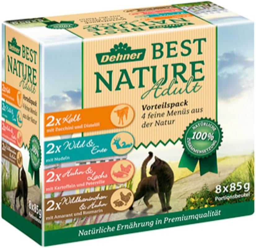 Dehner Best Nature Katzenfutter Multipack, Nassfutter, für ausgewachsene Katzen, je 2 x Kalb / Wild / Huhn / Kaninchen, 8 x 85 g Torba (680 g)