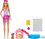 Zestaw Barbie dla szczeniąt na basenie z lalką modową, budką dla psa i zjeżdżalnią, basenem w kształcie serca, 2 figurkami psów, 6 akcesoriami i zmieniaczem kolorów, JBF35