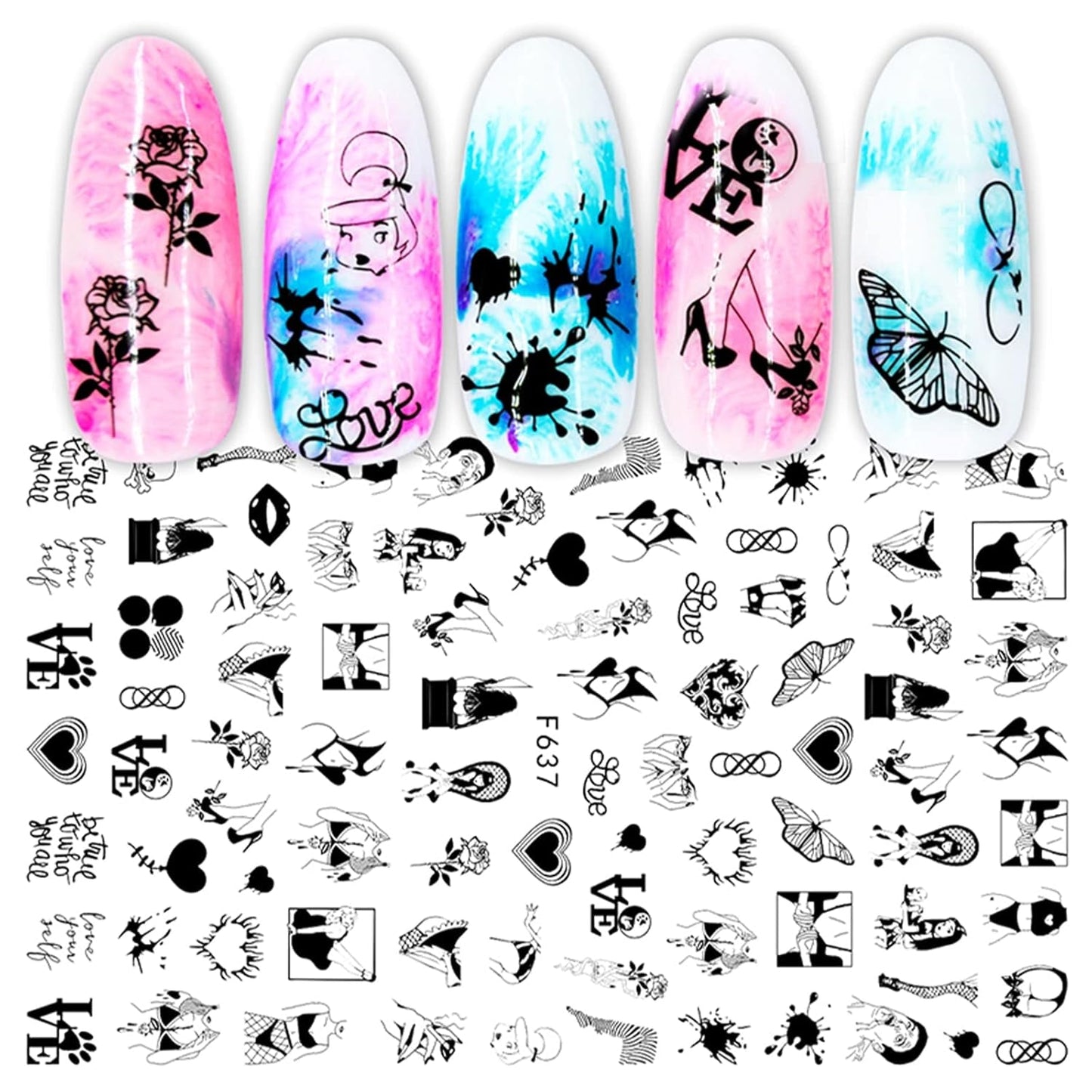 JMEOWIO Nagelsticker Geometria 10 Blatt Nagelaufkleber Selbstklebend Schwarzes Herz Unregelmäßig Geformt Nail Art Naklejka Dekoracja Nageldesign Zubehör