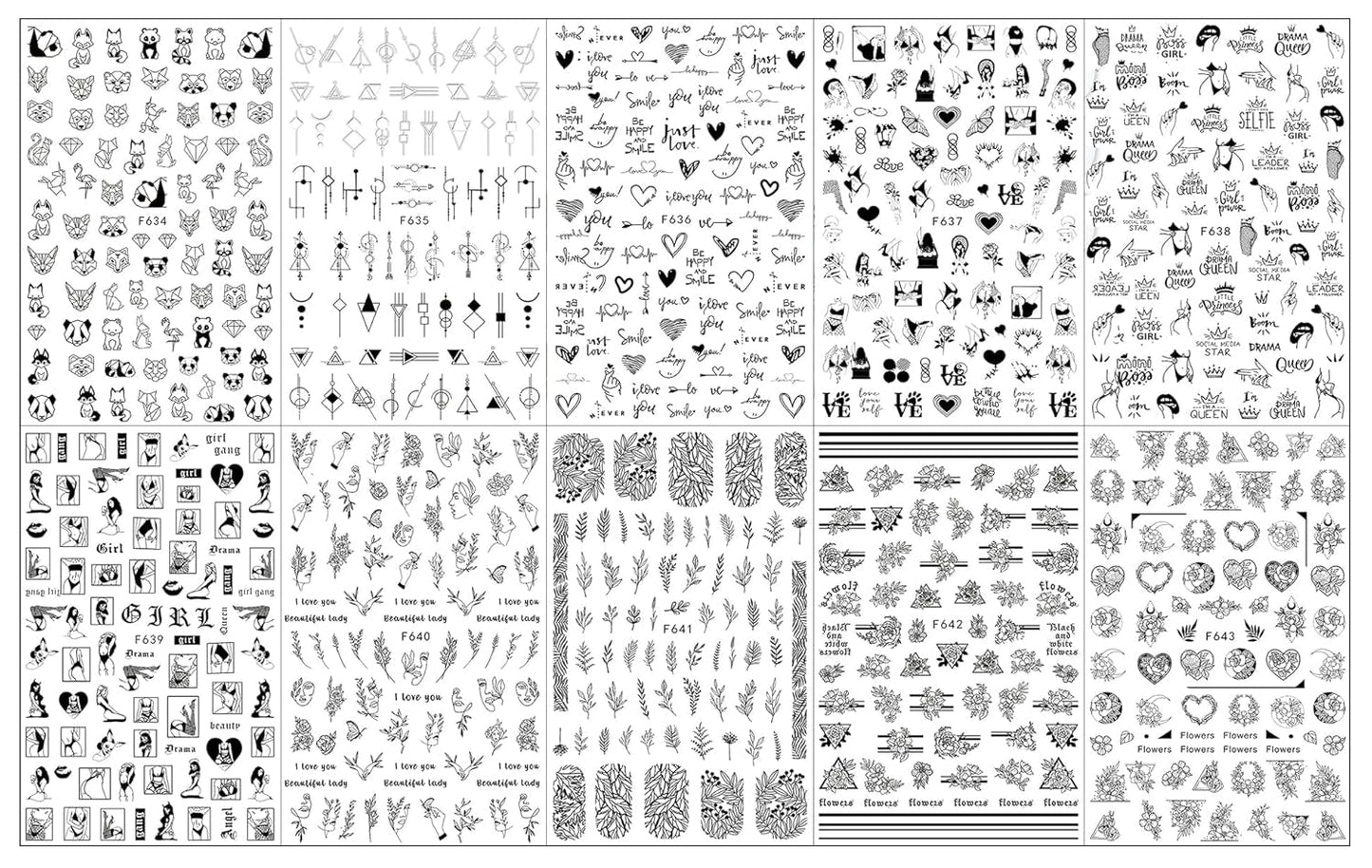 JMEOWIO Nagelsticker Geometria 10 Blatt Nagelaufkleber Selbstklebend Schwarzes Herz Unregelmäßig Geformt Nail Art Naklejka Dekoracja Nageldesign Zubehör