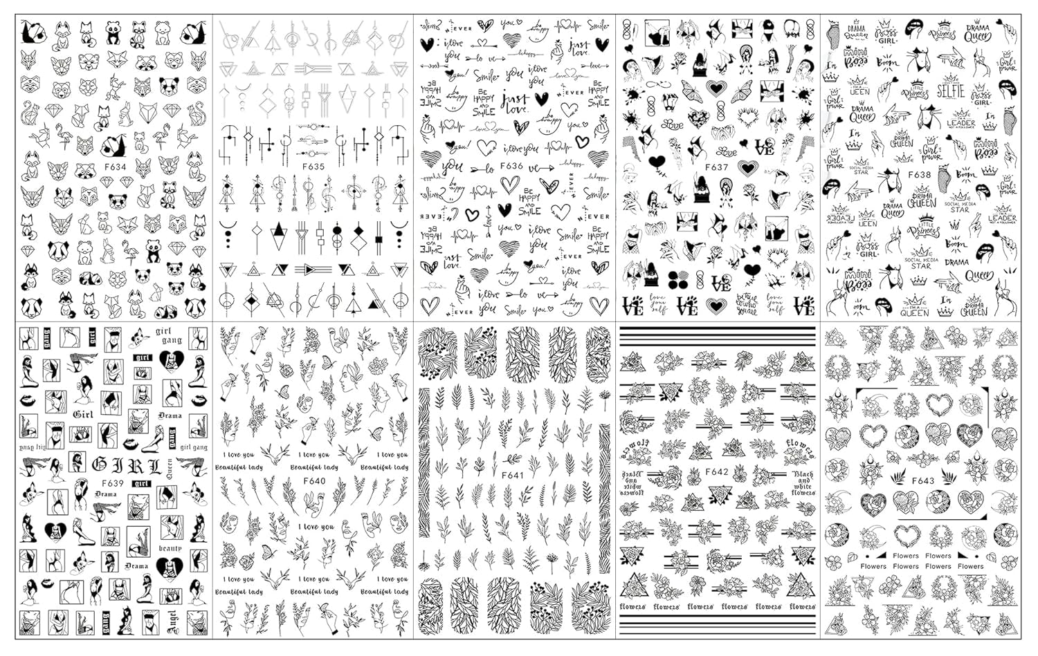 JMEOWIO Nagelsticker Geometria 10 Blatt Nagelaufkleber Selbstklebend Schwarzes Herz Unregelmäßig Geformt Nail Art Naklejka Dekoracja Nageldesign Zubehör