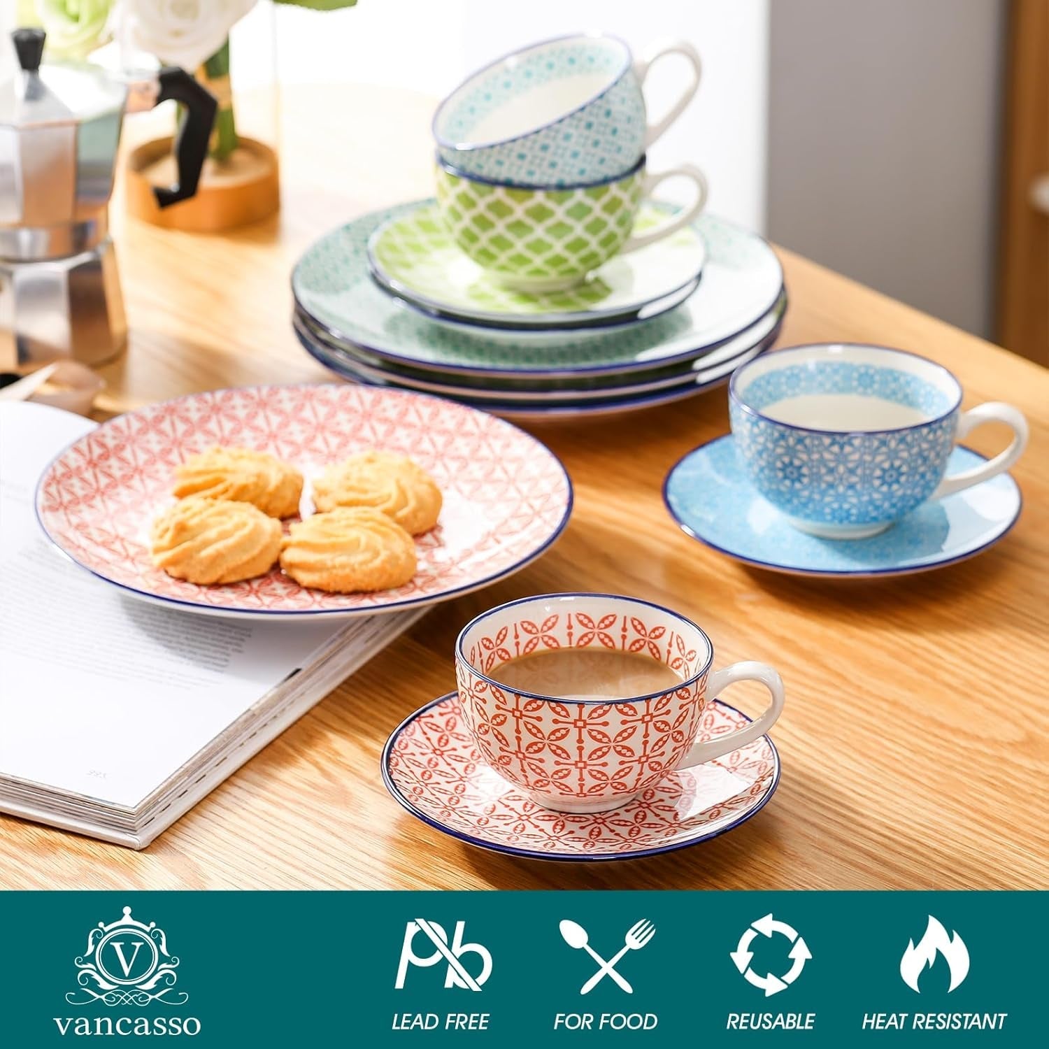 Porcelanowy zestaw do kawy Vancasso Macaron, 12-częściowy kolorowy serwis do kawy dla 4-12 osób, zestaw filiżanek, zawiera filiżanki do kawy, spodki i talerze deserowe