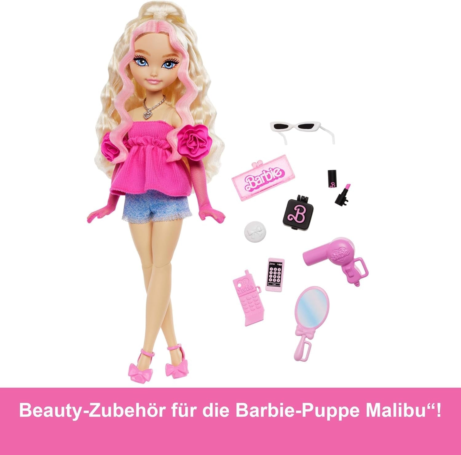 Barbie Dream Besties Puppe und Accessoires, bewegliche Barbie Malibu“ Modepuppe z blond włosami, 11 Teile zum Thema Make-up und Haare, HYC21