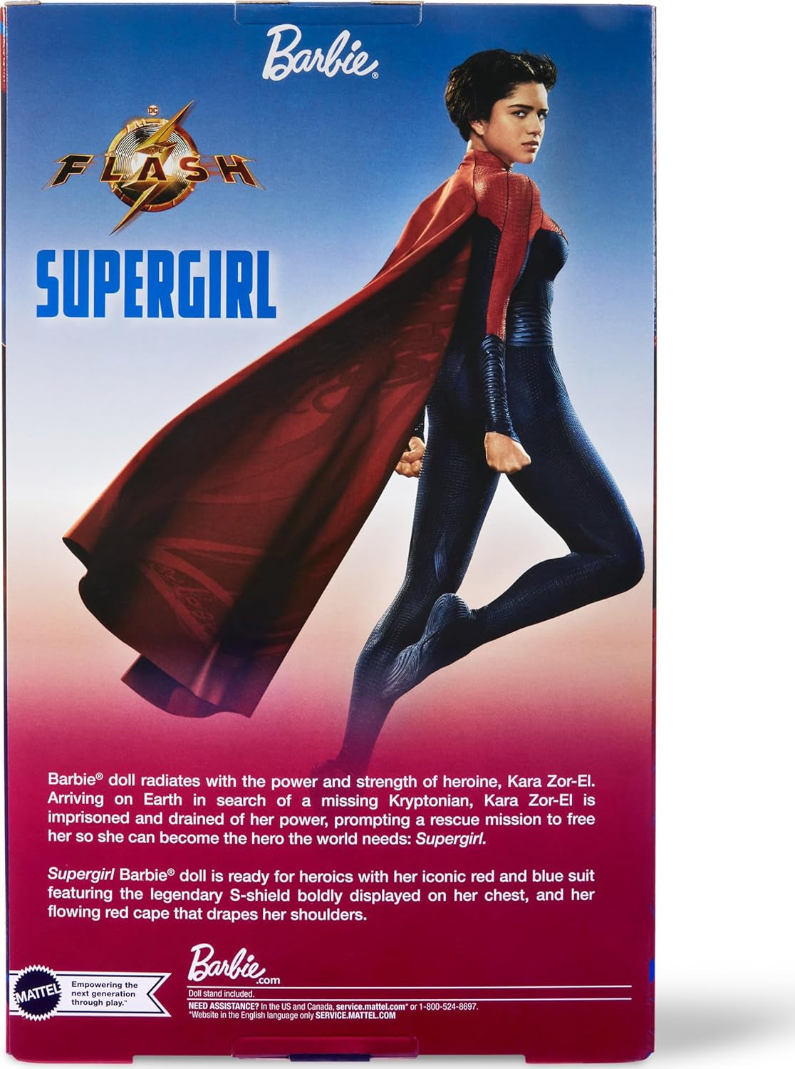 Barbie Supergirl Puppe, Sammlerpuppe w filmie Flash ubrana w czerwono-niebieskie stroje z Umhang, Puppenständer enthalten