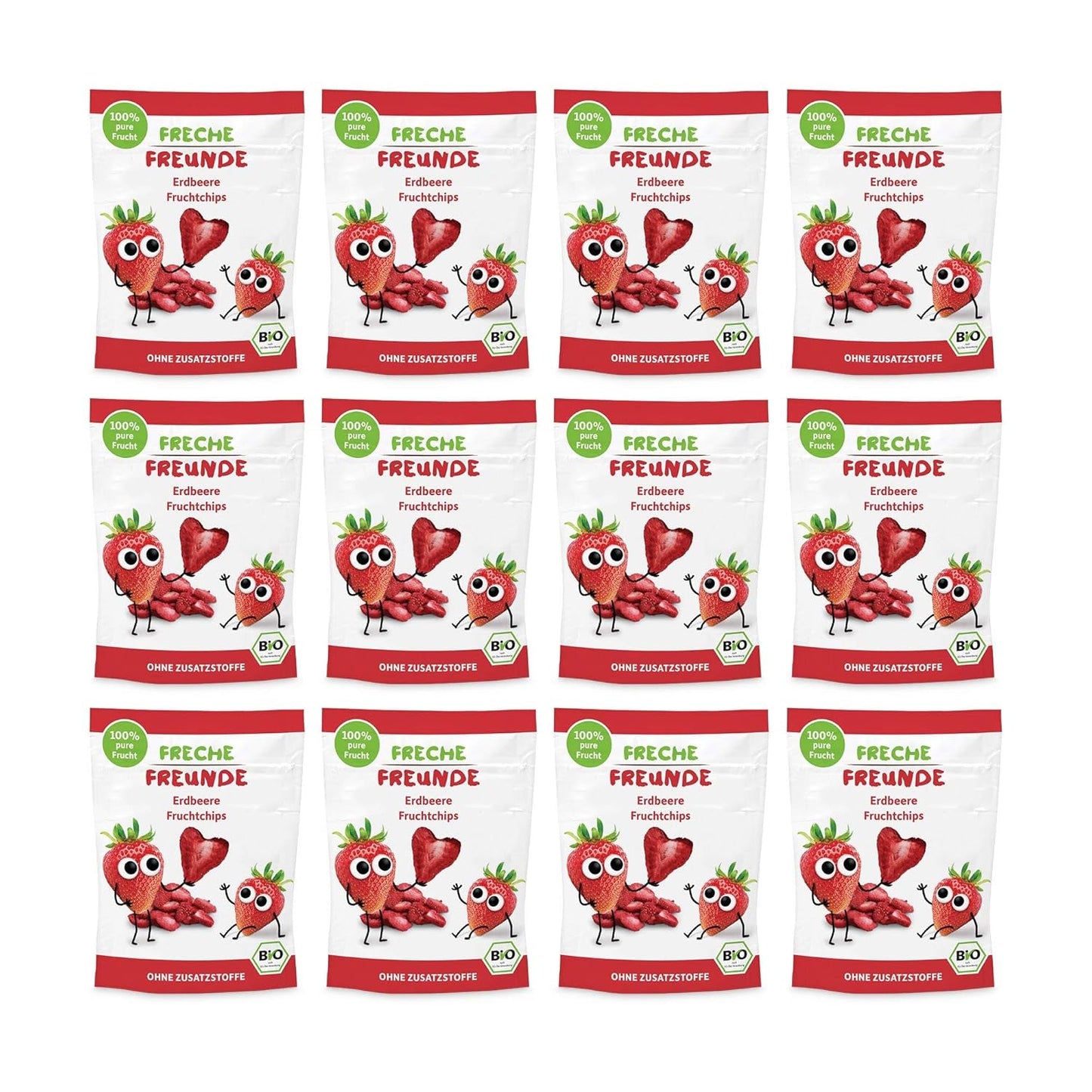 Organiczne chipsy owocowe „100% Strawberry” Liofilizowane chipsy truskawkowe (12 x 12 g) i nowe organiczne chrupiące chipsy kukurydziano-marchewkowe, ekologiczna przekąska, od 1 roku, (9 x 30g) 270g