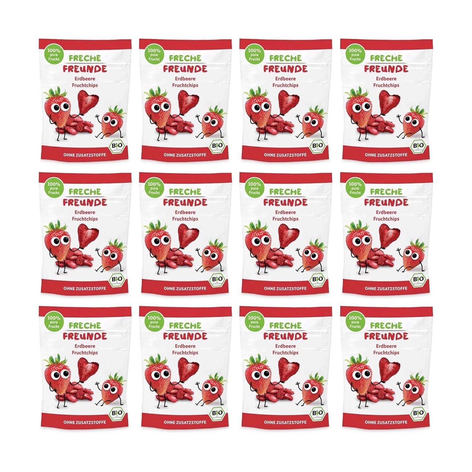 Organiczne chipsy owocowe „100% Strawberry” Liofilizowane chipsy truskawkowe (12 x 12 g) i nowe organiczne chrupiące chipsy kukurydziano-marchewkowe, ekologiczna przekąska, od 1 roku, (9 x 30g) 270g
