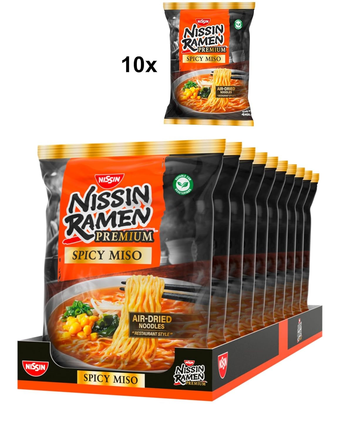 Nissin Ramen Premium - Miso Spicy 10 sztuk makaronu błyskawicznego suszonego na powietrzu w stylu japońskim do ramenu „w stylu restauracyjnym” o lekko pikantnym smaku płatków miso i wakame (10 x 90,7g)