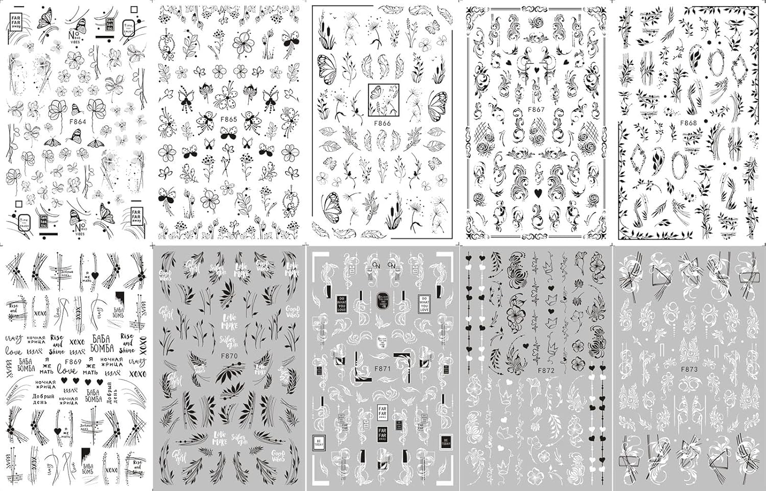 JMEOWIO Nagelsticker Blumen 10 Blatt Nagelaufkleber Selbstklebend Czarny biały kwiat Nail Art Naklejka Dekoracja Nageldesign Zubehör
