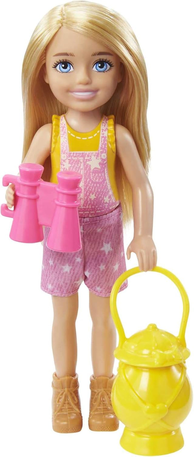 Seria Barbie Chelsea, lalka Chelsea Camping z blond włosami, sowa, śpiwór, poduszka, latarka, lornetka, akcesoria kempingowe, prezent dla dzieci, zabawka od 3 lat i więcej, HDF77