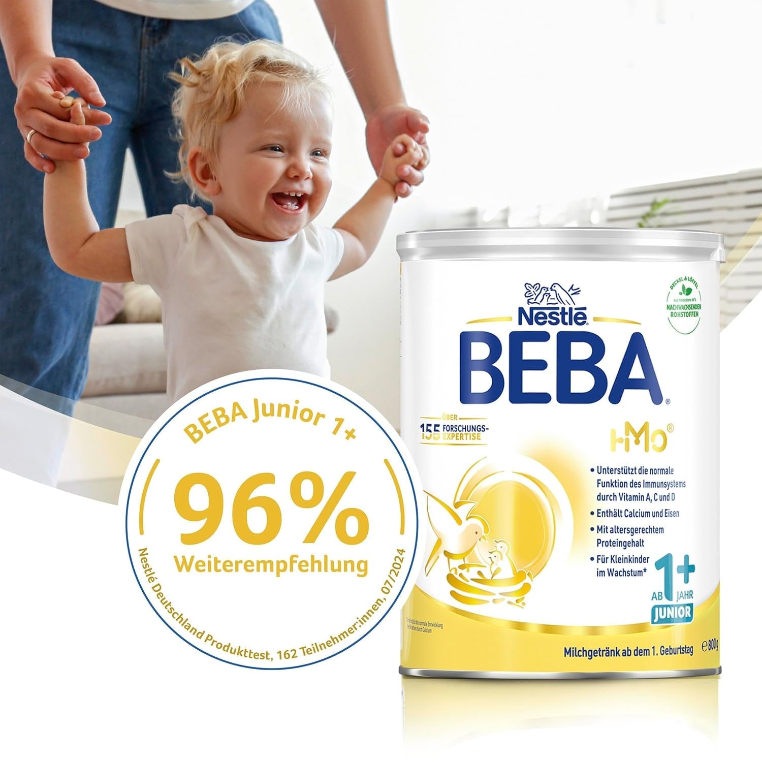 BEBA Junior 1+ napój mleczny od 1. roku życia, z HMO, zawartość białka dostosowana do wieku, tylko laktoza, bez oleju palmowego, bez oleju rybnego, pokarm dla małych dzieci, mleko w proszku dla dzieci, opakowanie 3 szt. (3 x 800 g)