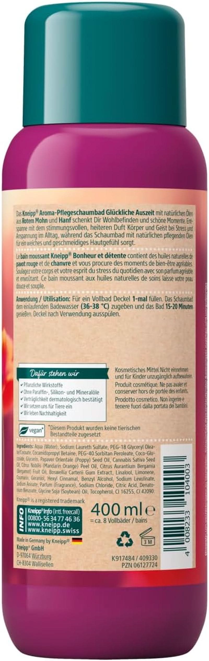 Kneipp Aroma, pianka do pielęgnacji kąpieli Happy Time Out - z naturalnymi olejkami z czerwonego maku i konopi, 400 ml Naty Shop