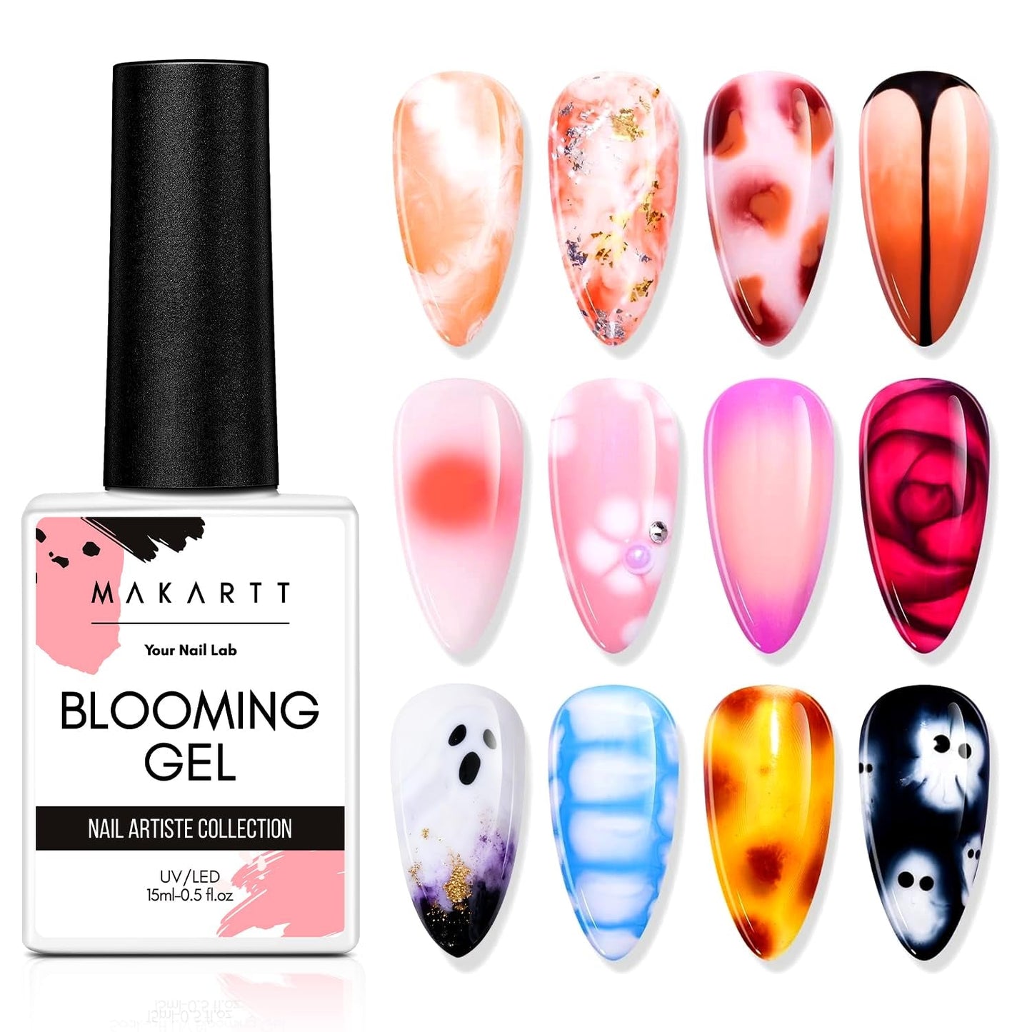 Makartt Blooming Żelowy lakier do paznokci - 15 ml Blooming Żelowy przedłużacz do paznokci w kolorze marmuru, Farba żelowa, Wzory do manicure DIY, Kwiaty, Zwierzęta, Akwarela, Zestaw do magicznego manicure