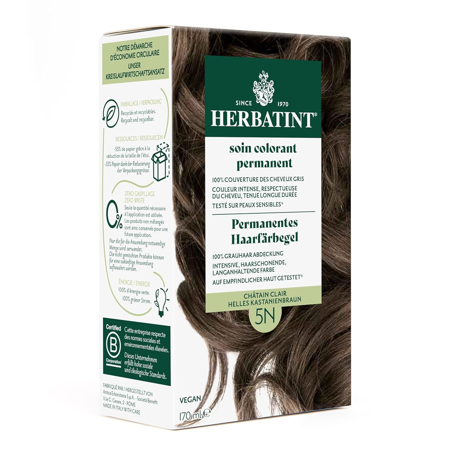 Żel do trwałej farbowania włosów 6N ciemny blond - 170 ml I Bez amoniaku, 100% pokrycia siwych włosów I Testowany na wrażliwej skórze, z 8 ekstraktami roślinnymi Farba do włosów Naty Shop 5N Jasny kasztan