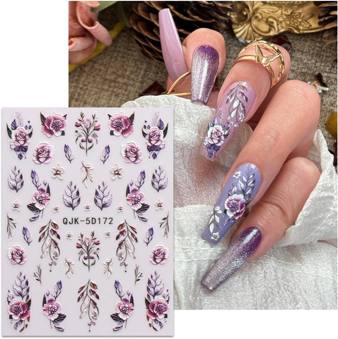 JMEOWIO 3D Nagelsticker Blumen Nail Art Naklejka Selbstklebend Nagelaufkleber 5D Stereoskopisch Frühling Sommer Dekoration Nageldesign Zubehör 4 Blatt