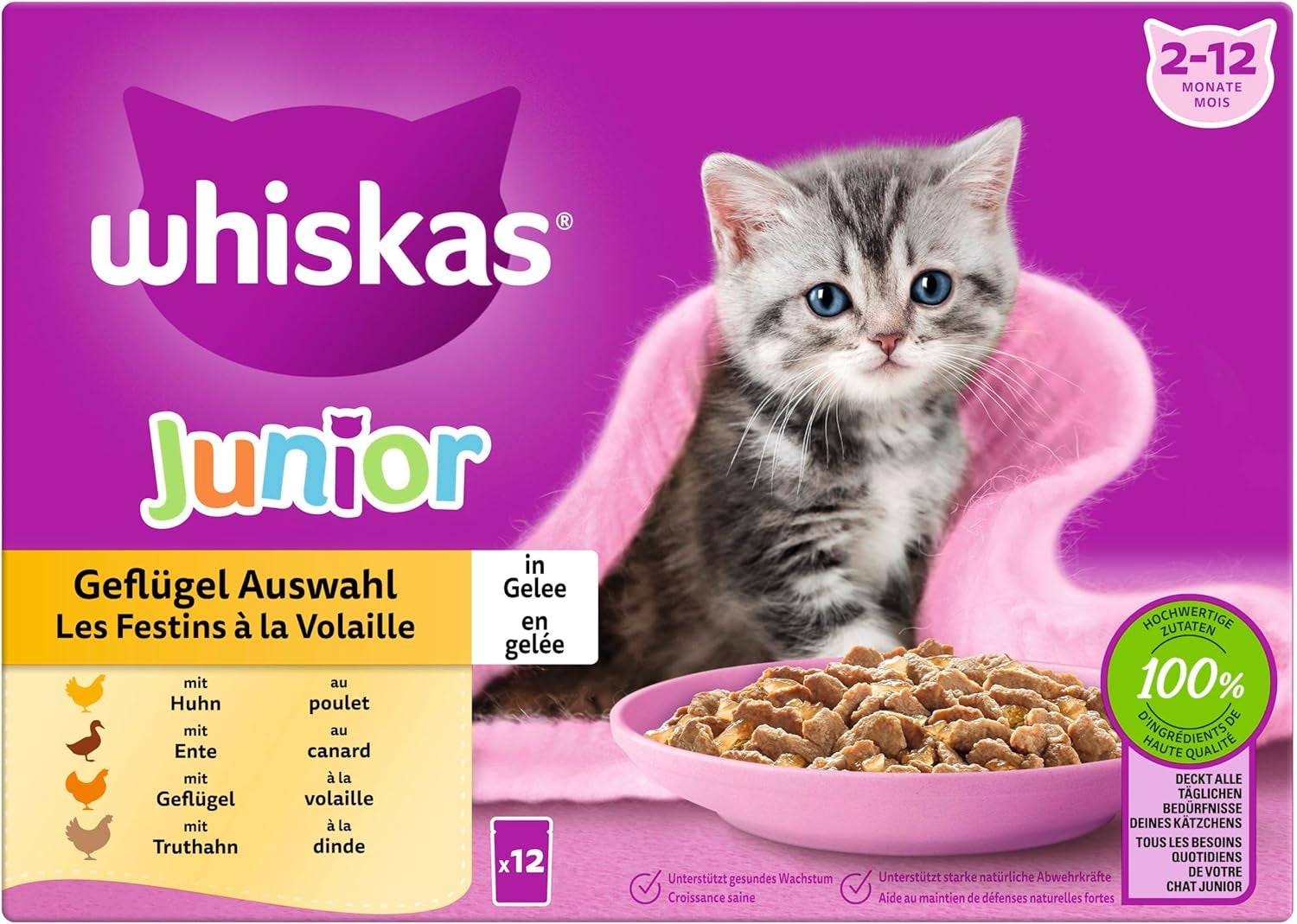 WHISKAS Junior Karma mokra w saszetkach, opakowanie zbiorcze, wybór mięsa drobiowego w galarecie, 12 x 85g