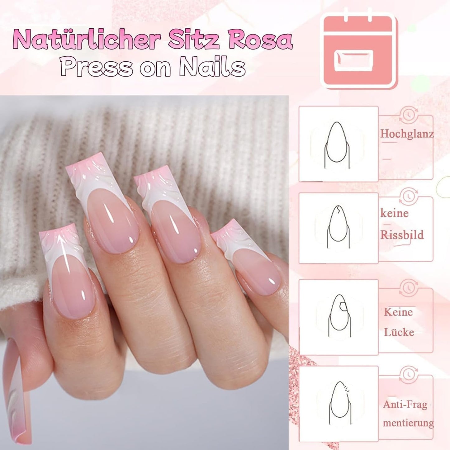 30 sztuk francuskie sztuczne paznokcie-klej na sztuczne paznokcie-miękkie paznokcie żelowe dla kobiet-akrylowe paznokcie samoprzylepne kwadratowy manicure (francuski różowy)