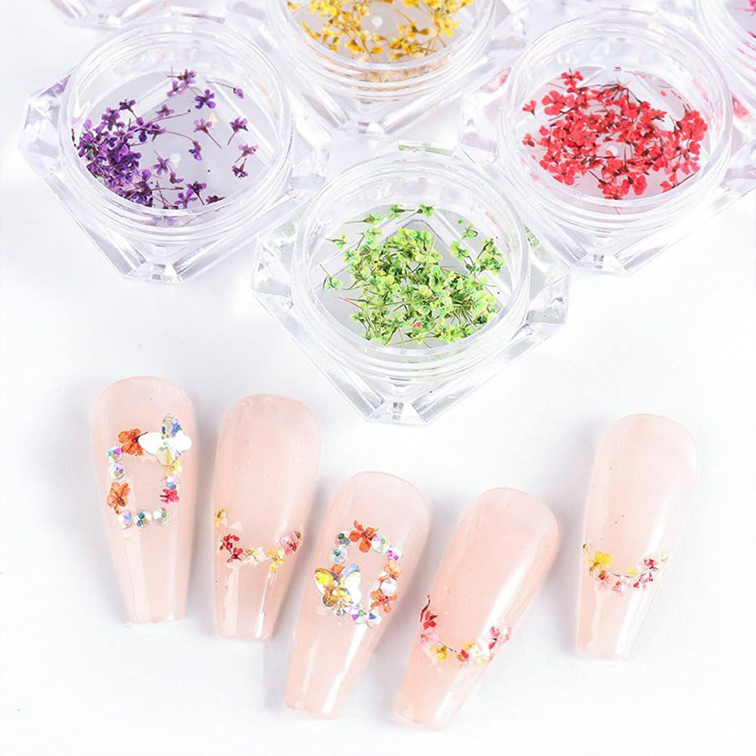 EYVRPAU 6 Stück Nail Art Zestaw kwiatów Dekoracja, Gelnägel Zubehör 6 Farben, Nail Art Aufkleber Trockene Blumen Kit Getrocknete Blumen Zubehör Zestaw DIY Nageldekoration