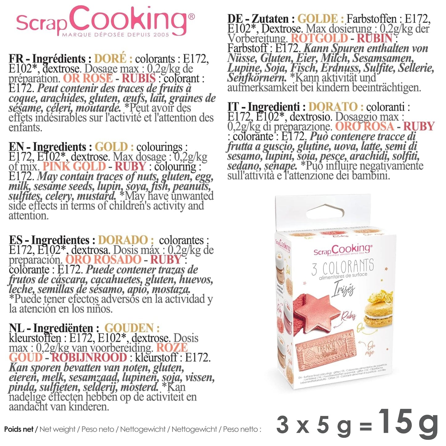 Scrapcooking - Zestaw 3 metalicznych barwników spożywczych - Barwniki spożywcze: złoto, różowe złoto i rubin - Jadalny barwnik spożywczy do pieczenia, ciast, ciasteczek, ciast, czekolady - 4019