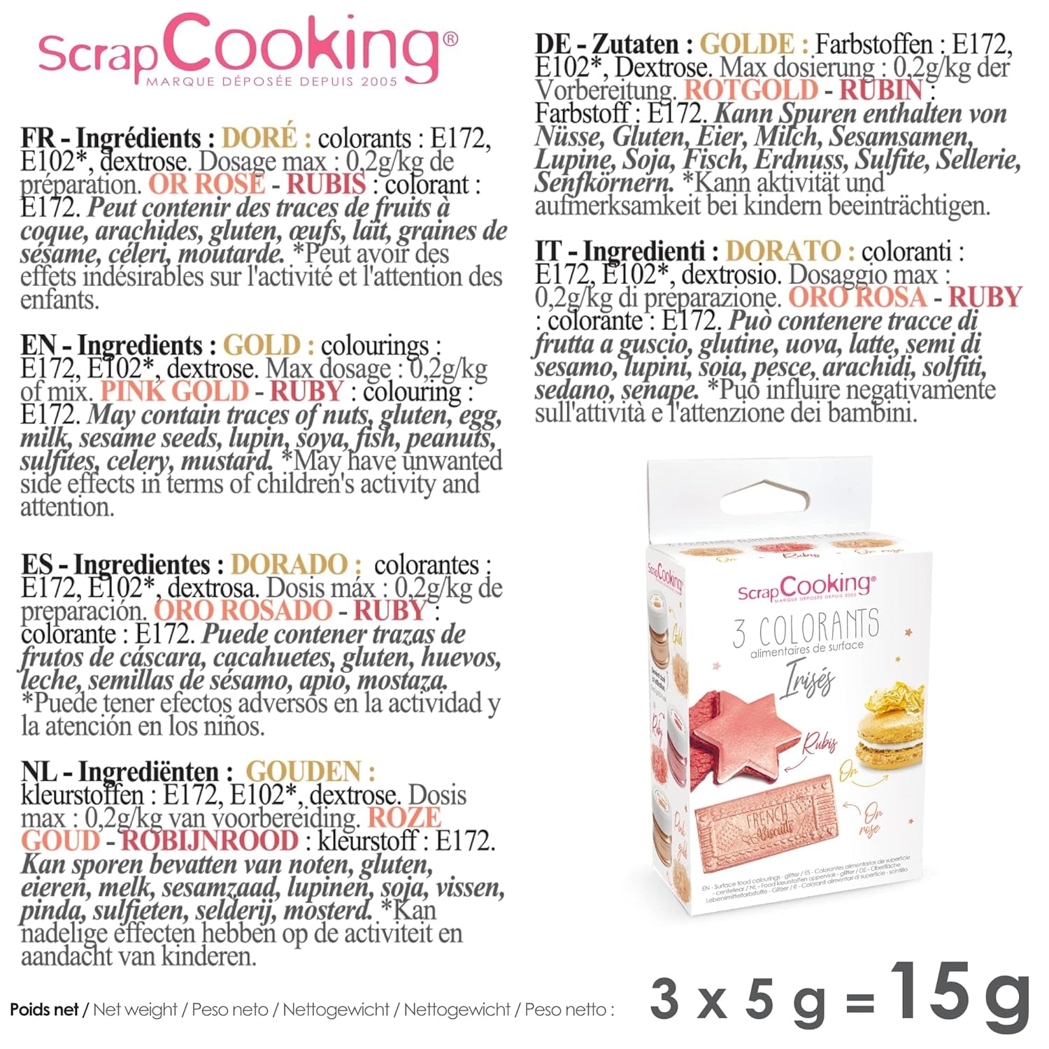 Scrapcooking - Zestaw 3 metalicznych barwników spożywczych - Barwniki spożywcze: złoto, różowe złoto i rubin - Jadalny barwnik spożywczy do pieczenia, ciast, ciasteczek, ciast, czekolady - 4019