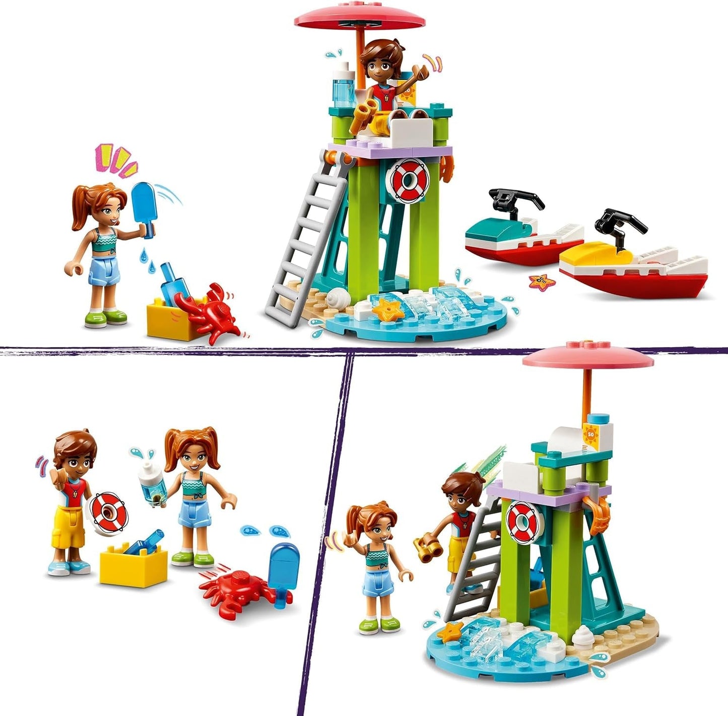 Wieża obserwacyjna ratownika LEGO Friends z nartami wodnymi, zabawka dla dzieci, pomysł na prezent dla dziewcząt i chłopców od 5 lat z 2 figurkami i delfinem, zabawka na skuterze wodnym 42623 Zestawy do budowania Besuche den LEGO-Store