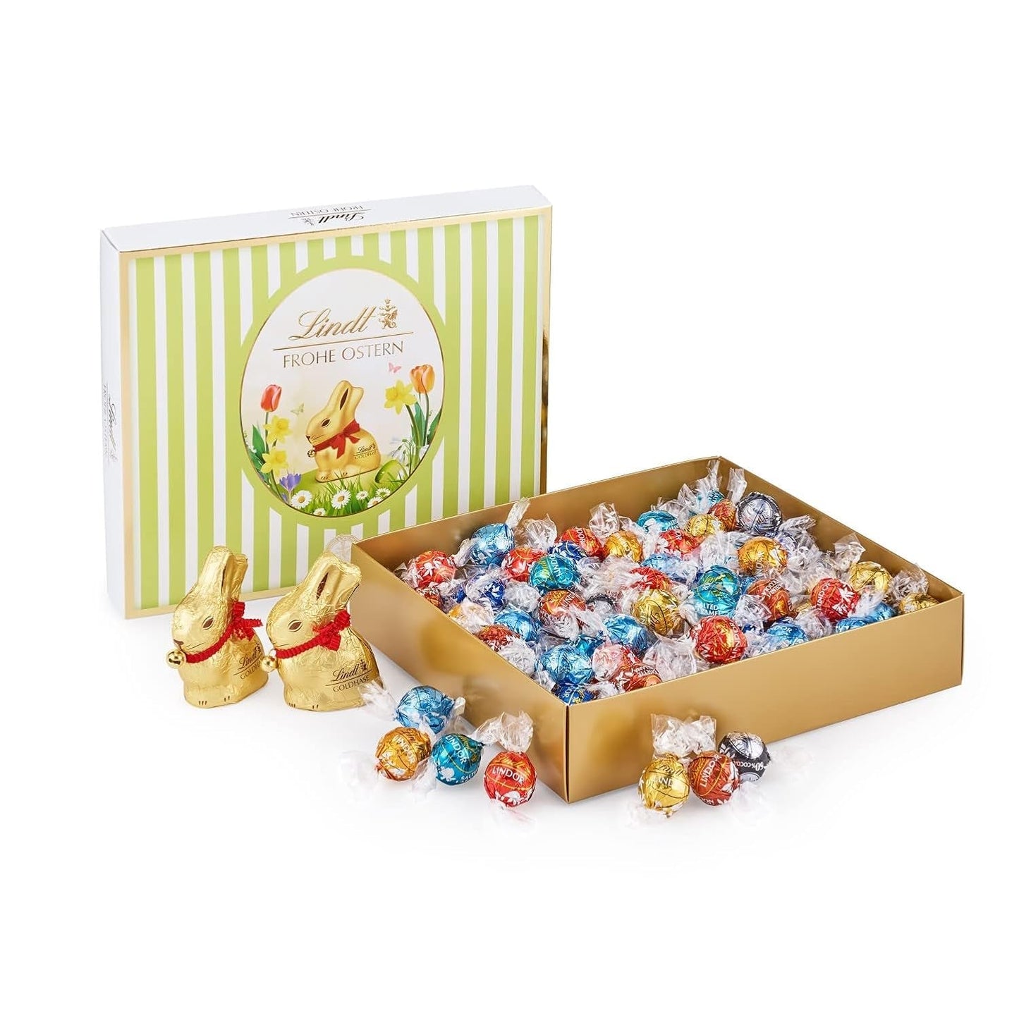 Pakiet wielkanocny Lindt Chocolate LINDOR | 1,2 kg | 2 czekolady mleczne GOLD BUNNY i 8 odmian LINDOR: Czekolada mleczna, Noisette, Ciemna, Biała, Czarna 60%, Karmel, Solony Karmel, Stracciatella | Czekolada Wielkanocna | Zając Wielkanocny