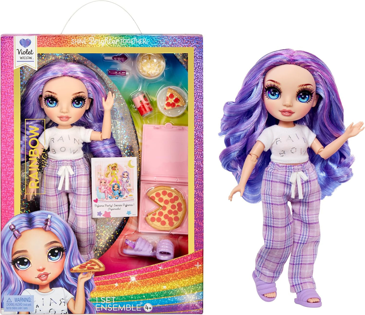 Lalka Rainbow High Junior High PJ Party - fioletowa - 22 cm z miękkim kombinezonem, kapciami i akcesoriami do zabawy - Zabawka dla dzieci - Idealna dla dzieci w wieku 4-12 lat