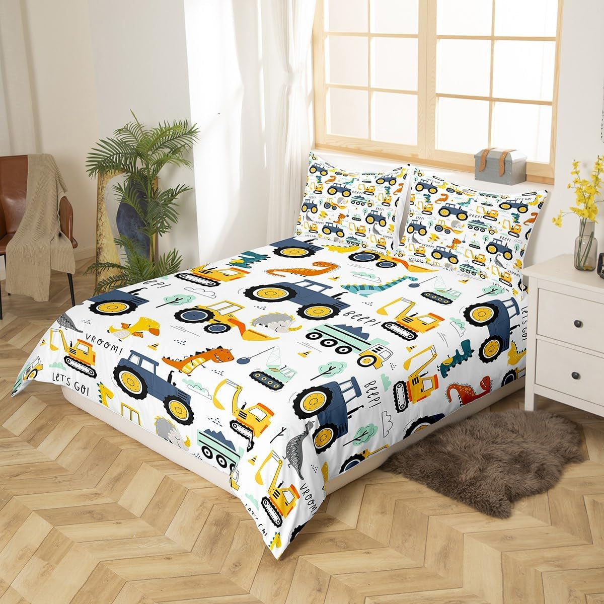 Zestaw pościeli samochodowej Jungen 135X200,Kinder Bau Fahrzeuge Tröster Abdeckung Für Kind Kleinkind Teens,Dinosaurier Bettbezug,Traktor Maschinerie Bagger Bettdecke Abdeckung,Lkw Autos Bettdecke Naty Shop