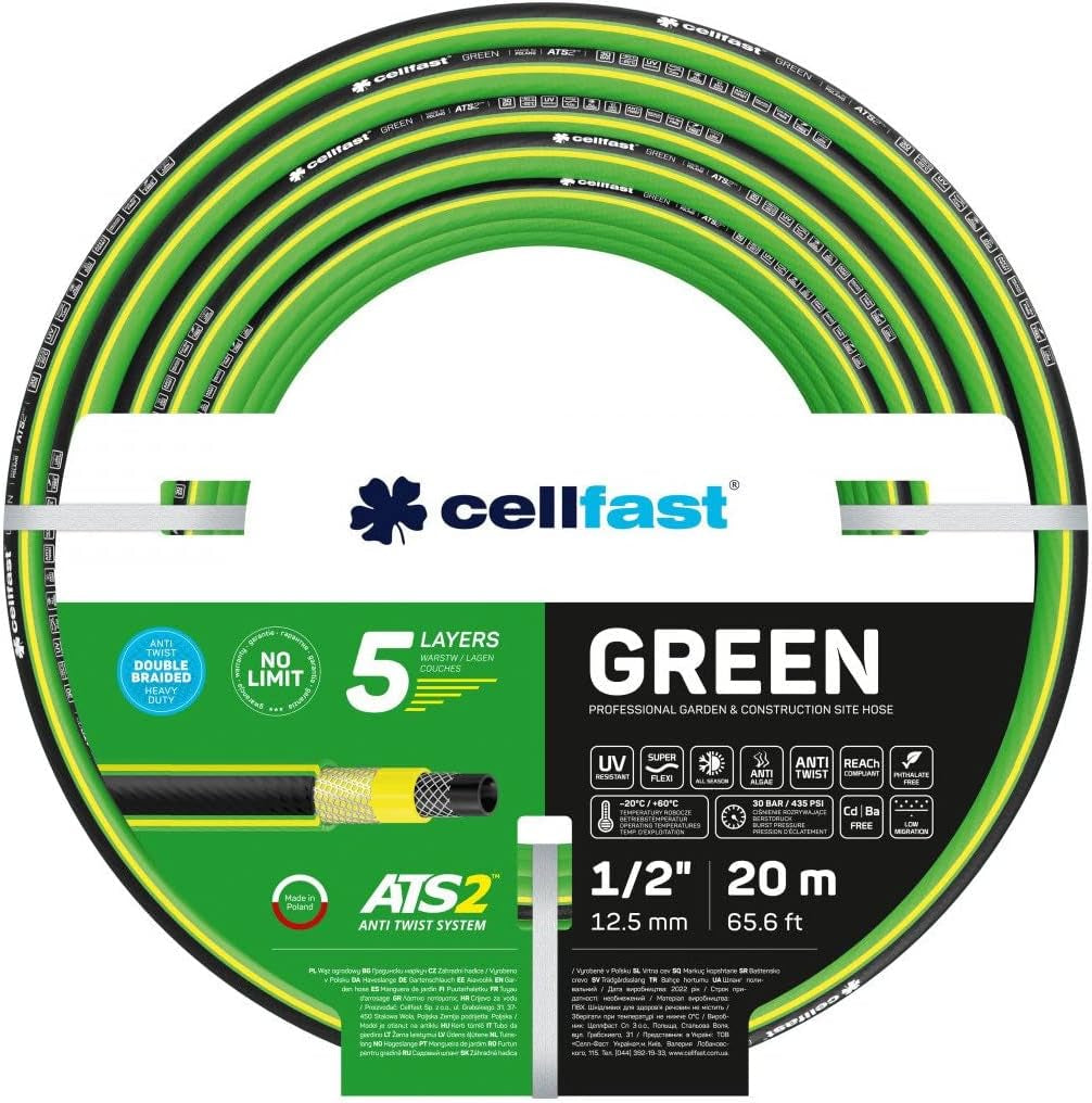 Wąż ogrodowy Cellfast GREEN ATS2, trwały, elastyczny, 5 warstw, z oplotem krzyżowym ATS2, odporny na promieniowanie UV i algi, nie zawiera metali ciężkich, 30 bar, -20/+60°C krótkoterminowo, 3/4", 20m