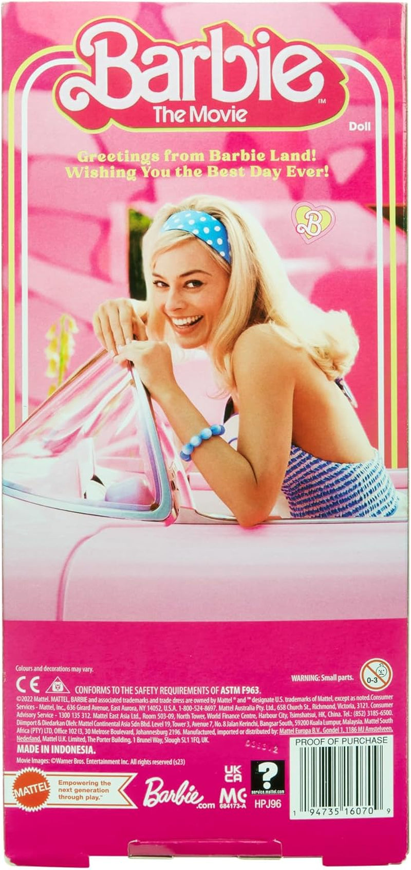 Lalka Barbie Lalka filmowa w różowo-białej sukience i naszyjniku w kształcie stokrotki Margot Robbie Kolekcjonerska zabawka dla 3 lat HPJ96