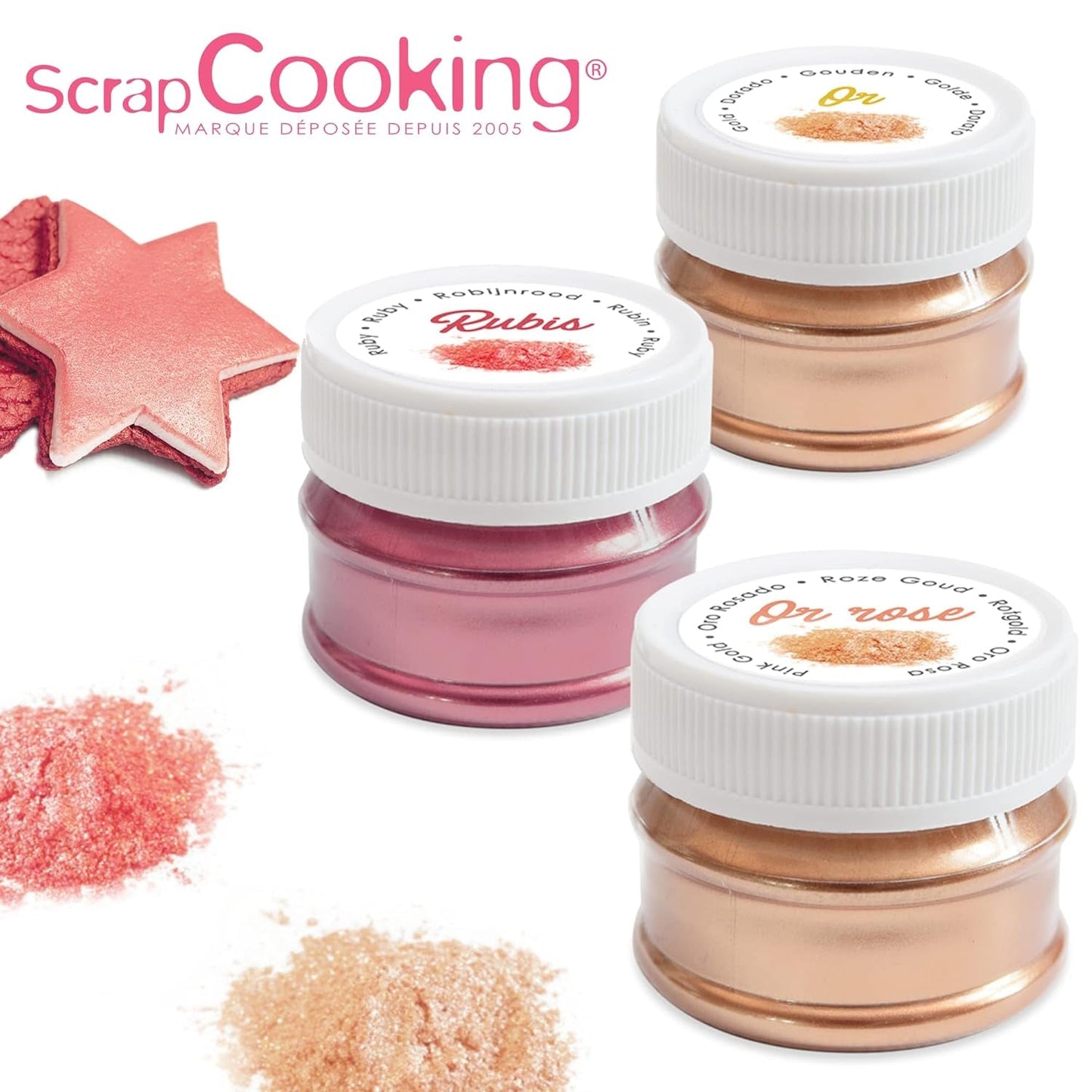 Scrapcooking - Zestaw 3 metalicznych barwników spożywczych - Barwniki spożywcze: złoto, różowe złoto i rubin - Jadalny barwnik spożywczy do pieczenia, ciast, ciasteczek, ciast, czekolady - 4019