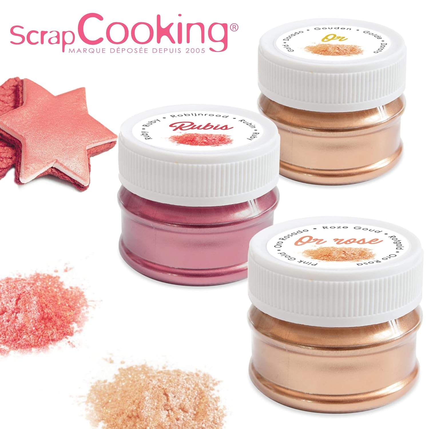 Scrapcooking - Zestaw 3 metalicznych barwników spożywczych - Barwniki spożywcze: złoto, różowe złoto i rubin - Jadalny barwnik spożywczy do pieczenia, ciast, ciasteczek, ciast, czekolady - 4019