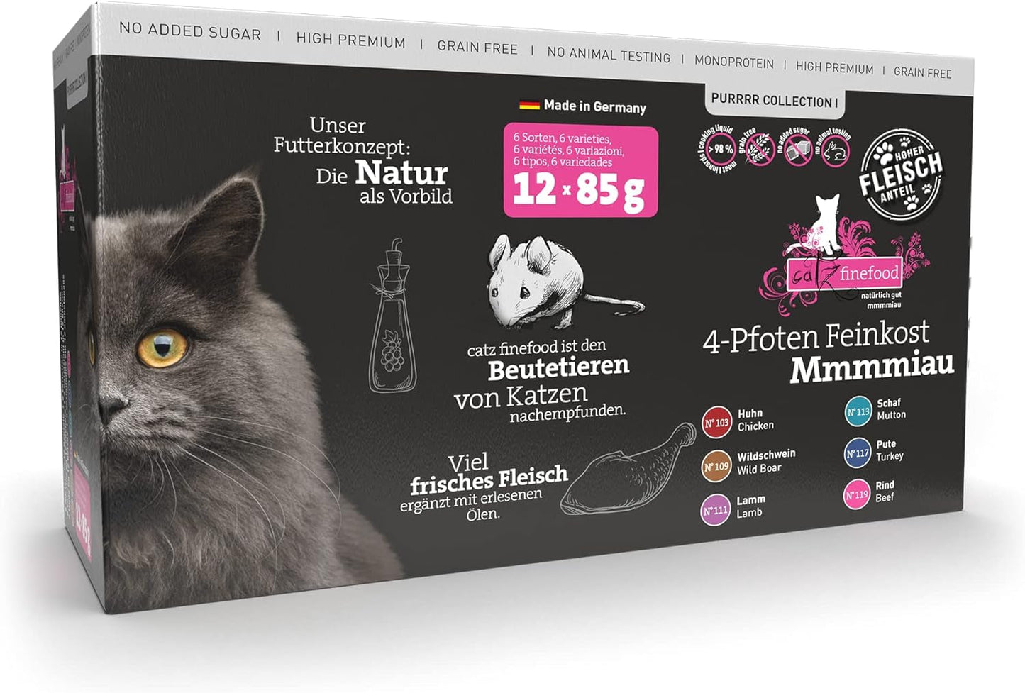 Catz Finefood Purrrr Collection I - Monoproteinowa mokra karma dla kotów - bez zbóż, bez cukru, hipoalergiczna - o wysokiej zawartości mięsa - Mokra karma dla kotów w opakowaniach zbiorczych - w saszetkach, 85g (12 opakowań)