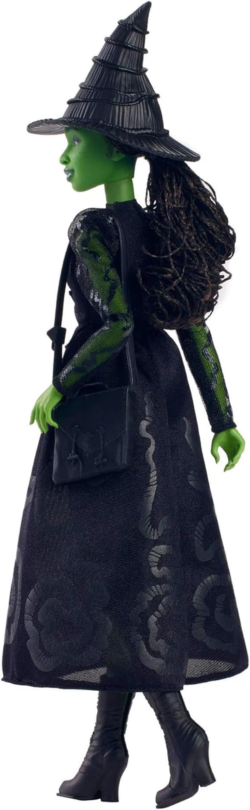 Mattel Wicked Elphaba Fashion Doll i akcesoria z zieloną skórą, czarnymi warkoczami, różnymi możliwymi pozami i odpinanym wyglądem sukni balowej, HXT62, [wielokolorowy]
