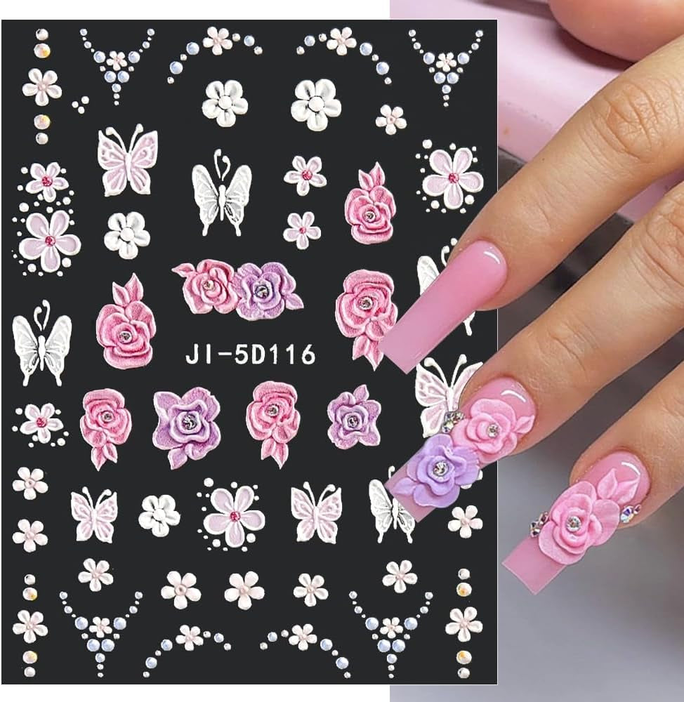 5D Geprägte Blume Nagelsticker Nagelfolie Selbstklebend Acryl Geschnitzte Blumen Nagelaufkleber Schmetterling Naklejka na paznokcie Blütenblätter Nageldesign Aufkleber Nägel Zubehör Kwiatowe naklejki na paznokcie