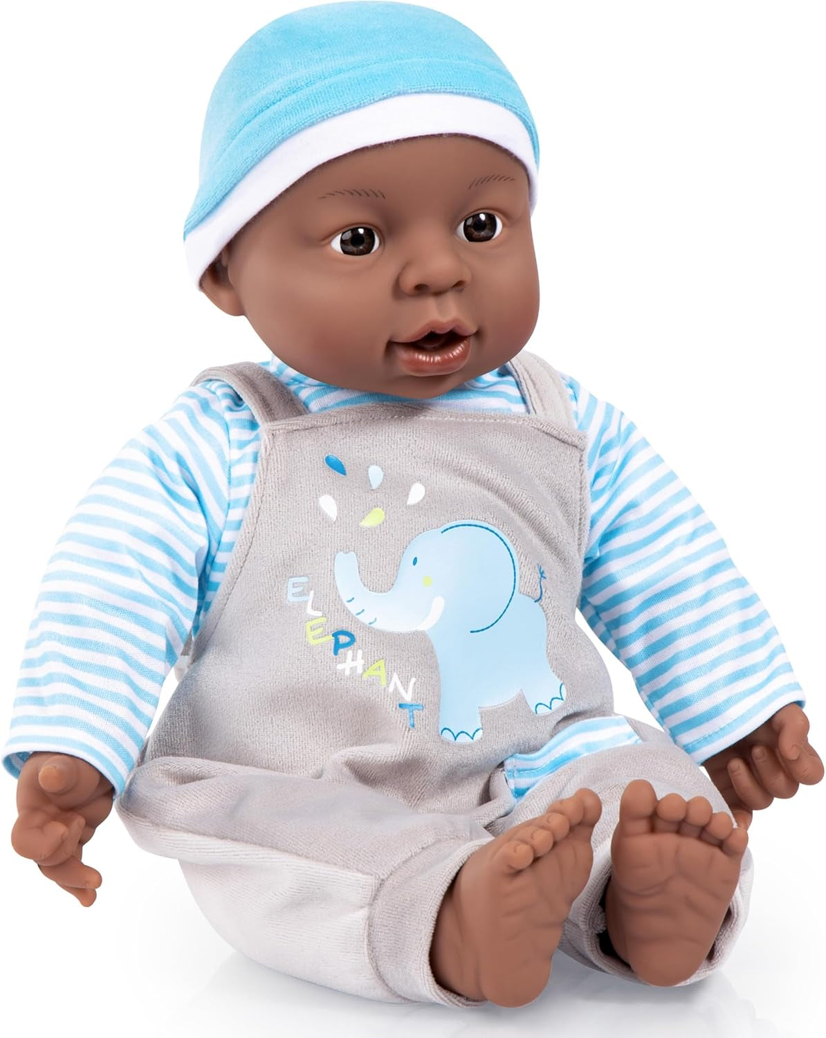 Interaktywna lalka bobas Bayer Design 94001AH, chłopiec, mówiąca, miękkie ciało, 40 cm, ciemna skóra, niebieska