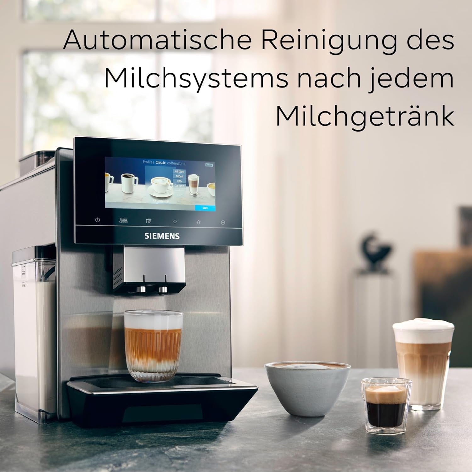 Automatyczny ekspres do kawy Siemens EQ900, duży kolorowy ekran TFT, 2 pojemniki na ziarna kawy, 36 gorących i zimnych napojów, zimna kawa, wyjątkowo cicha, funkcja dwóch filiżanek, sterowanie z aplikacji, stal nierdzewna, TQ907D03