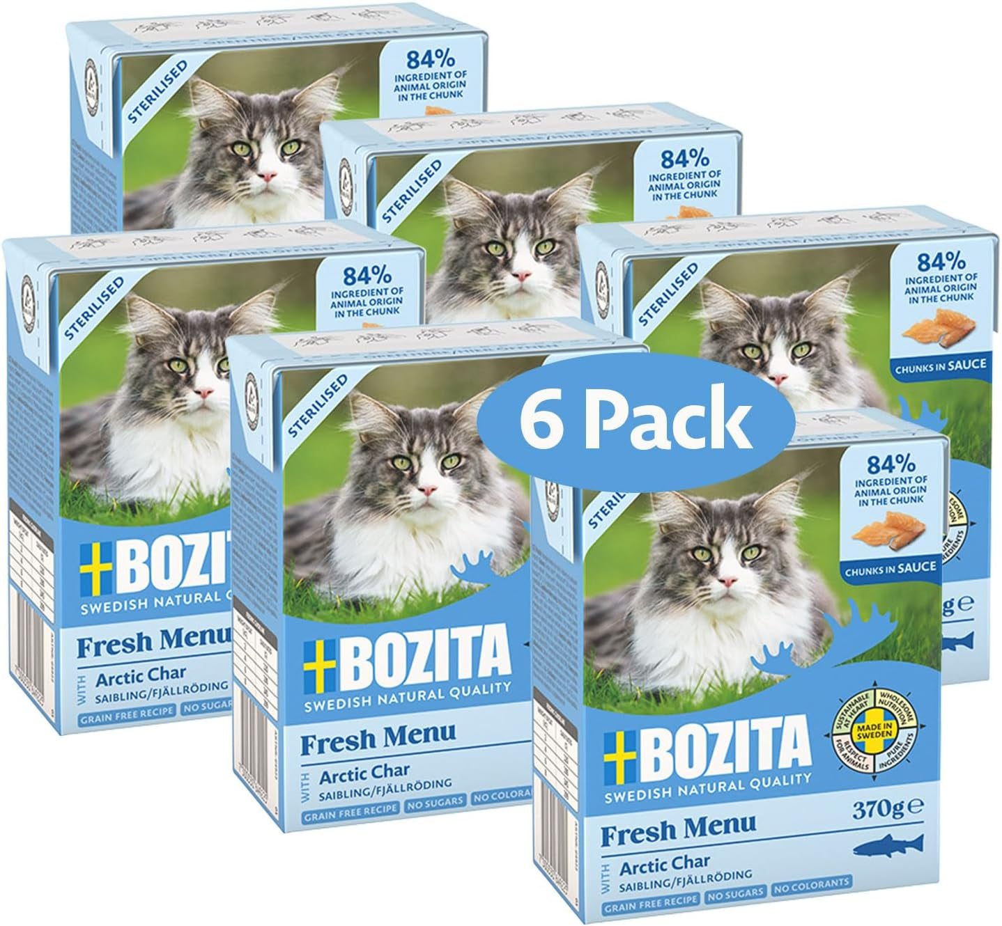 Bozita Tetra Sterylizowane kawałki w sosie węglowym - 6 x 370g Bezzbożowa i bezcukrowa mokra karma dla kotów - bez GMO, o zawartości białka 8,5% i tłuszczu 4,5% - wysokiej jakości i wyjątkowo smaczna