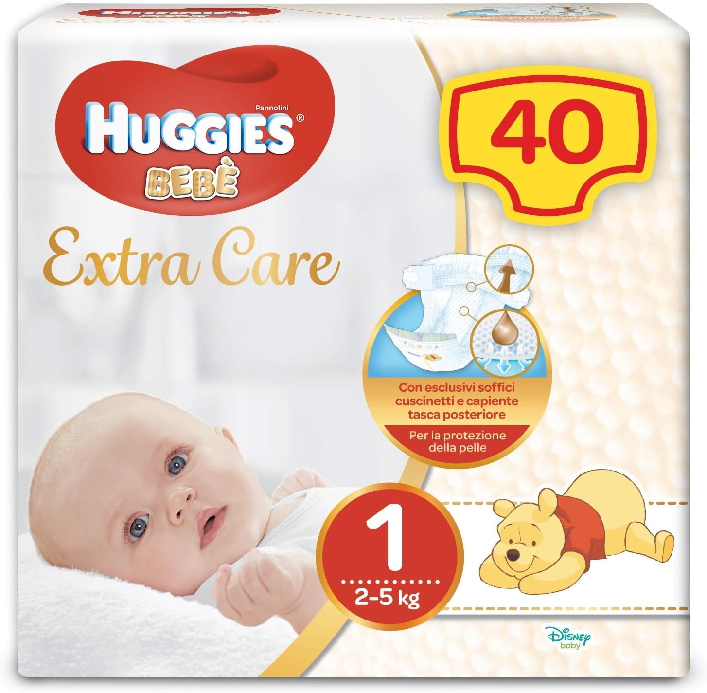 Pieluszki Huggies Extra Care dla niemowląt, rozmiar 1 (2-5 kg), super chłonne, pełna ochrona, Disney Design, 40 szt.