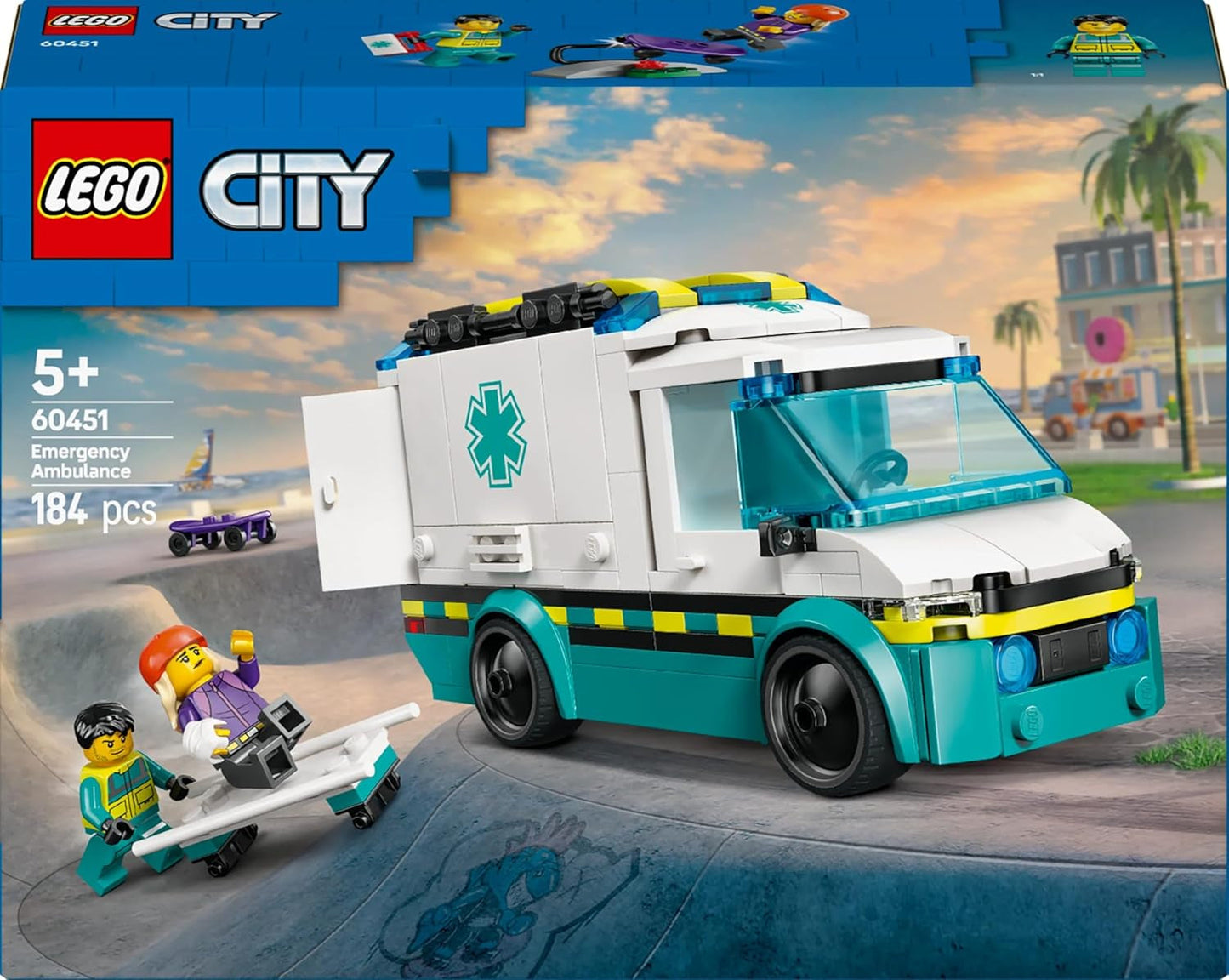 LEGO City Ambulans - zabawka z 2 minifigurkami ( deskorolkarz i kierowca) - zabawka edukacyjna dla chłopców i dziewcząt od 5 lat - pomysły na prezenty urodzinowe i świąteczne 60451 Zestawy do budowania Besuche den LEGO-Store