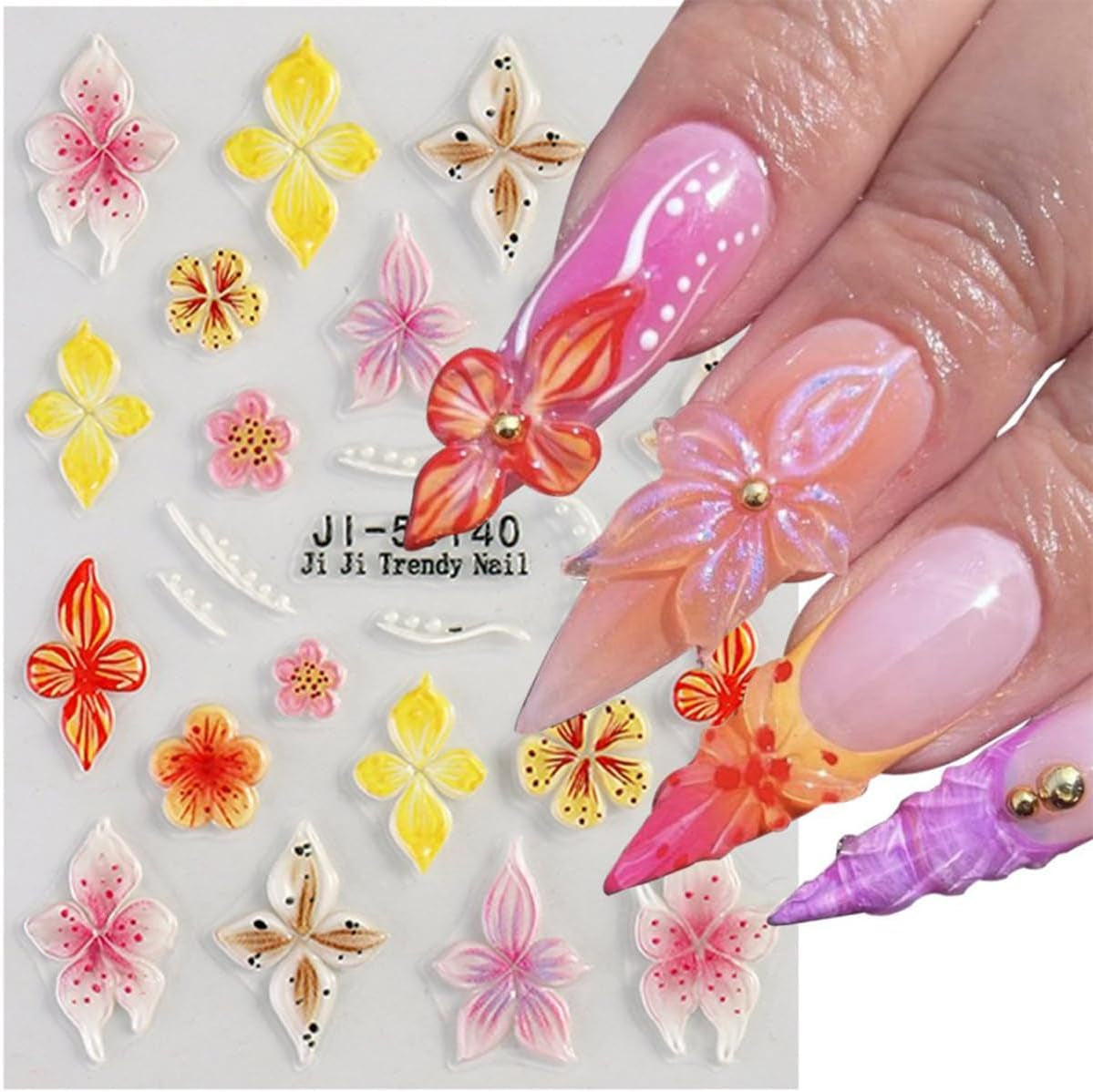 JMEOWIO 3D Nagelsticker Kolorowy kwiat Nail Art Naklejka Selbstklebend Nagelaufkleber 5D Stereoskopisch Wiosna Lato Kwiatowa dekoracja Nageldesign Zubehör 4 Blatt