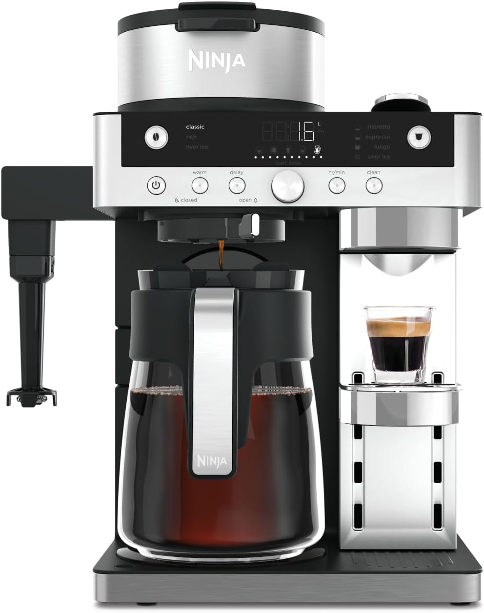 Ninja Prestige Ekspres przelewowy 2 w 1 z kapsułkami i zintegrowanym spieniaczem mleka, do latte, kawy mrożonej i płaskiej bieli, czarny CFN802EU