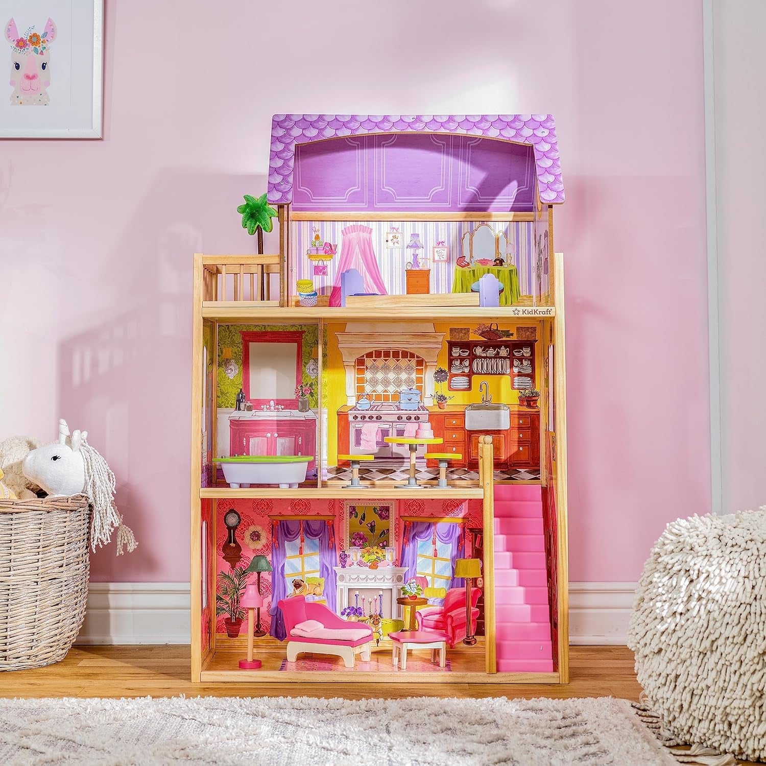 Drewniany domek dla lalek KidKraft Kayla z meblami i akcesoriami, 3-poziomowy zestaw dla lalki 30 cm, zabawka dla dzieci w wieku od 3 lat, 65092 — wyłącznie na Amazon